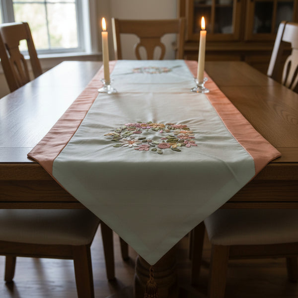 78" Light Sage Green with Dusty Gold Edges Table Runner with Ribbon Embroidery and Tassels