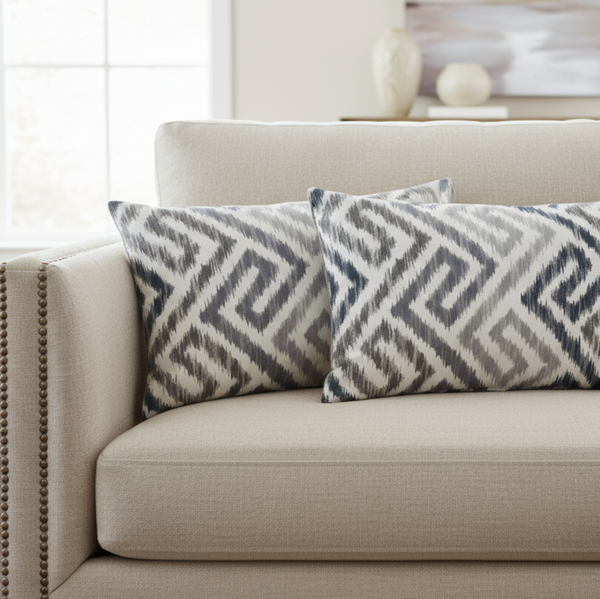 Set of TWO  20x12 Grey Stone Kaufmann Kasuri Indoor Lumbar Pillow Covers