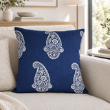Set of 3 White Paisley on Indigo Indoor Cotton Throw Pillow Covers