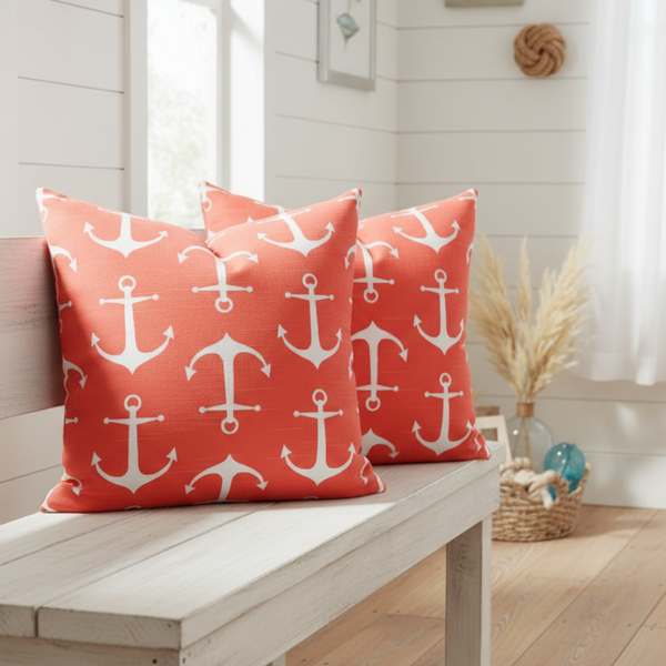 Set of TWO 16x16 Sailor Nautical Anchor Slub Salmon Indoor Pillow Cover