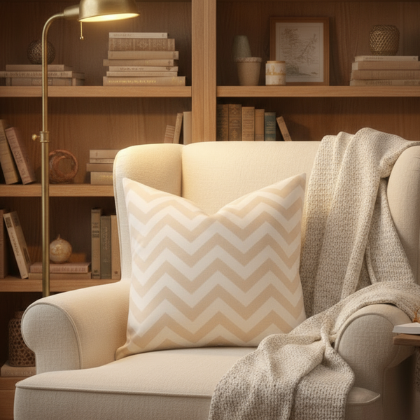 Set of TWO Chevron Zig Zag Khaki Natural Indoor Pillow Covers with Solid Backing