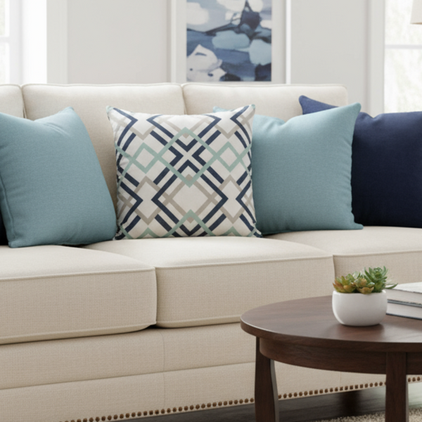 Indoor Geometric Winston Blue Cotton Pillow Cover with Zipper