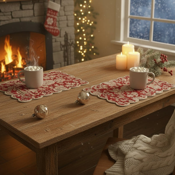 A red and beige quilted placemat with a floral pattern and scalloped edges.