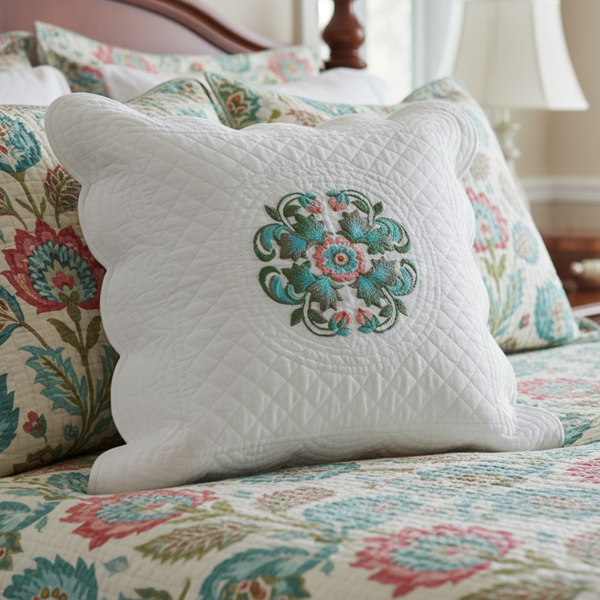 Set of TWO- 16x16 Quilted Pillow Covers Embroidered Scalloped Edges with Ties