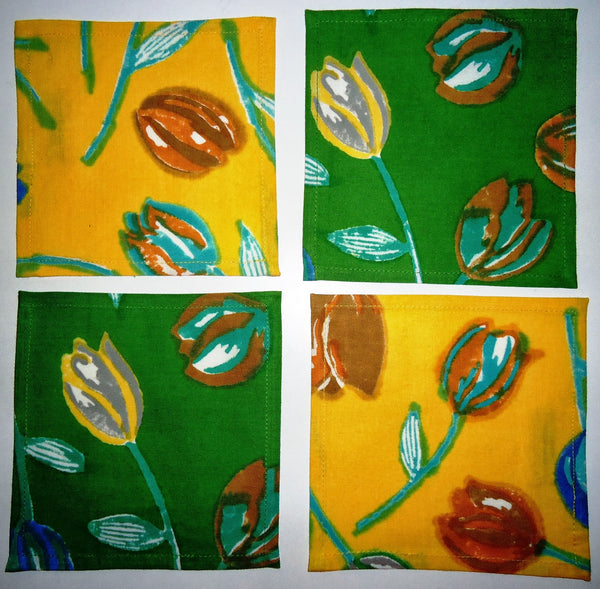 Set of 4 Fabric Coasters 6"×6" - Contrast Mustard Yellow and Green Floral